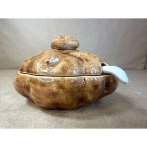 Vintage Atlantic Mold Ceramic Baked Potato Sour Cream Dish with Lid & Spoon 70s